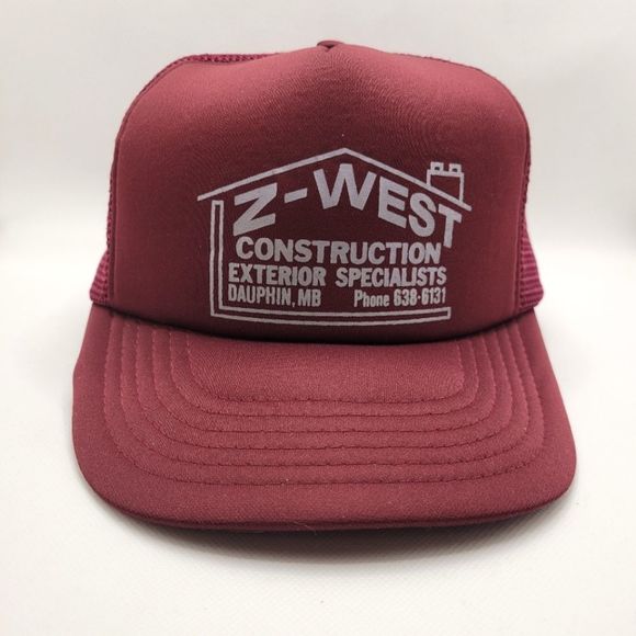 Vintage Dark Red Foam Mesh Snapback Trucker Hat Stacked Z-West Construction Logo - Picture 1 of 12
